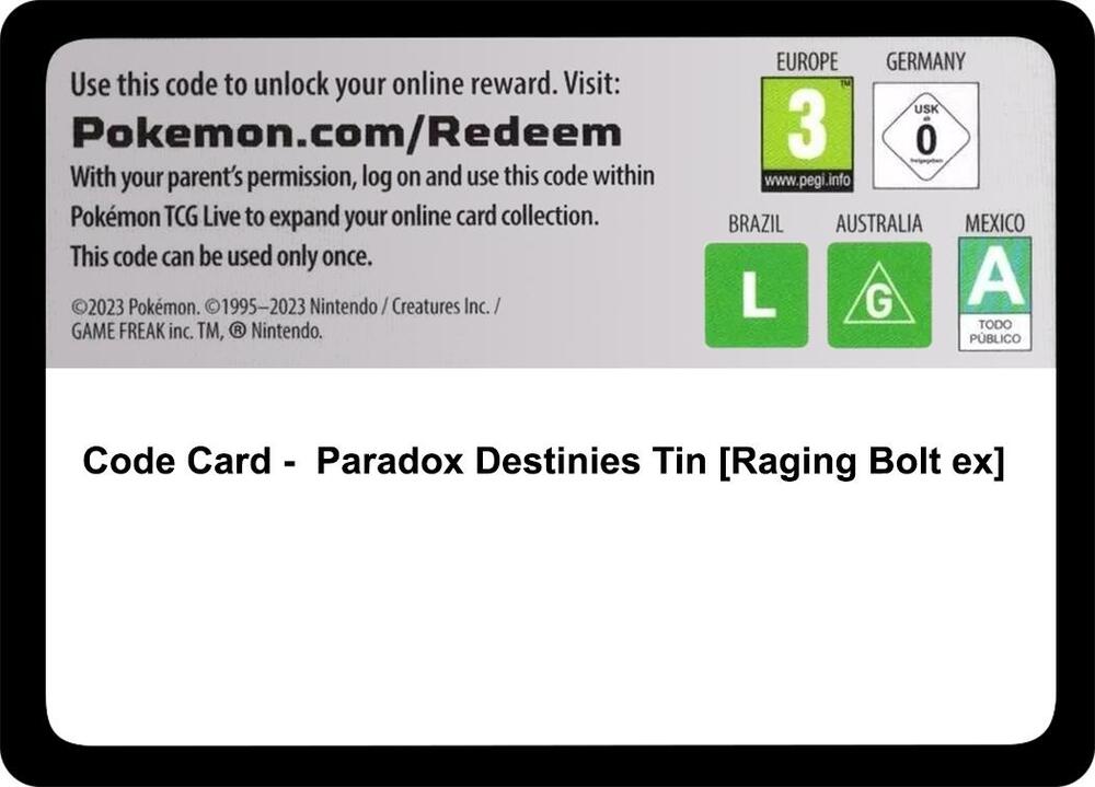 Code Card - Paradox Destinies Tin [Raging Bolt ex]