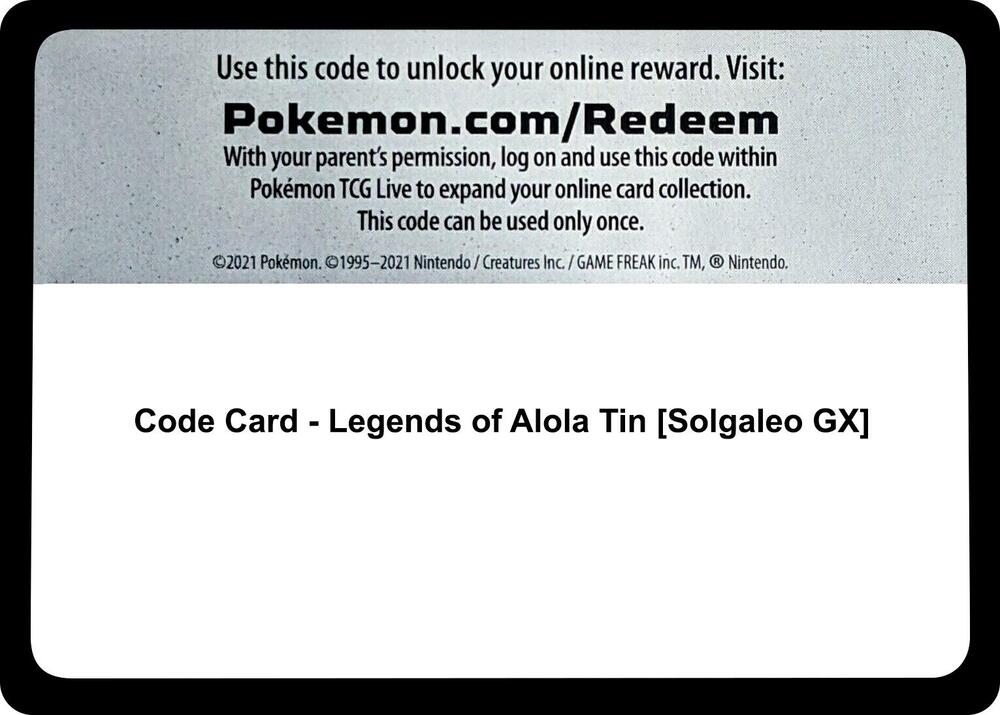 Code Card - Legends of Alola Tin [Solgaleo GX]