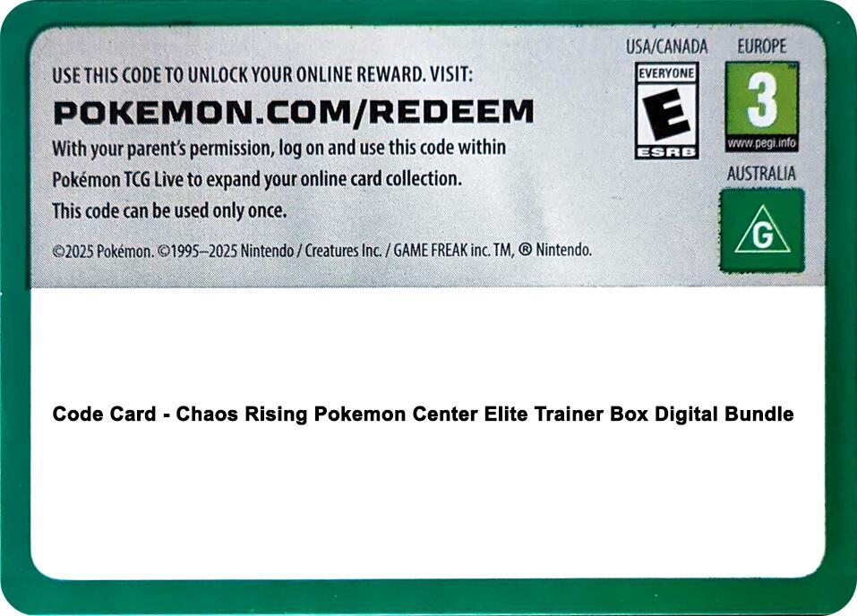 Code Card - Chaos Rising Pokemon Center Elite Trainer Box Digital Bundle